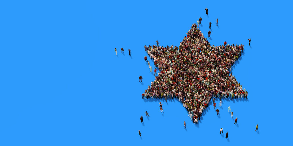 star of david made of people standing bunched together on a blue background.