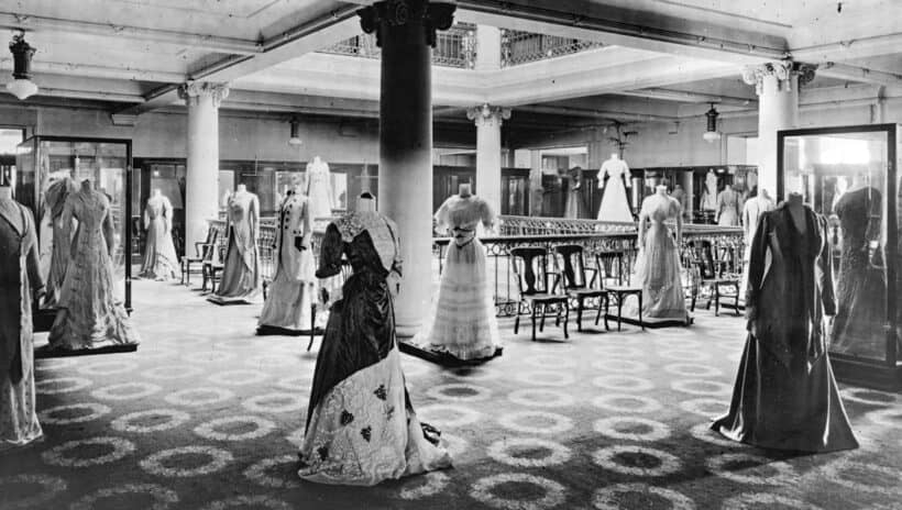 vintage american department store interior with women's fashion display