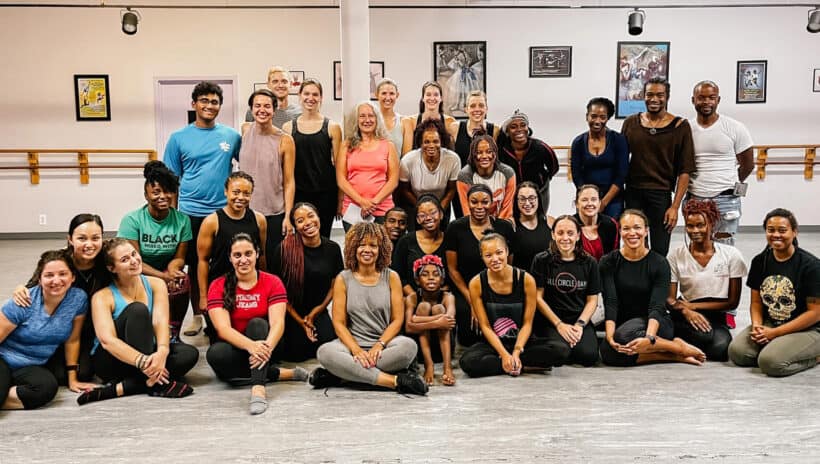 members of full circle dance company workshop in studio